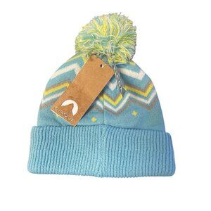 Girls' Chevron Patterned Pom Pom Beanie Hat In Blue & Yellow By Cirrusle